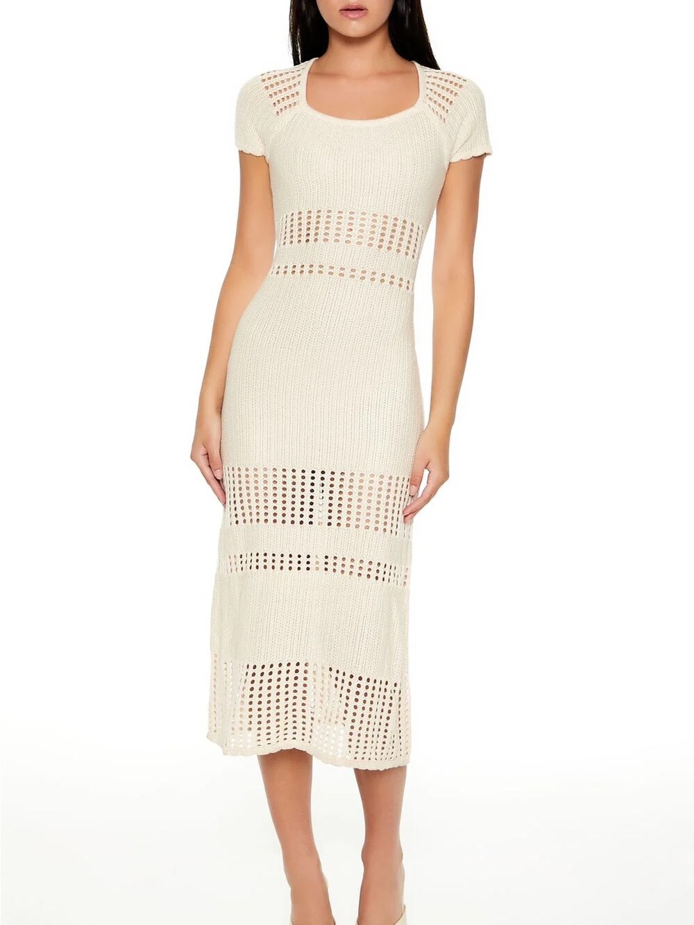 Forever21 Knit Crochet Maxi Dress in Cream - Scoop Neck Short Sleeve medium